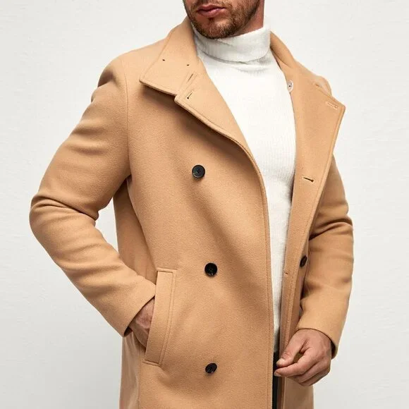 Khaki Preppy Mens Double Breasted Slant Pocket Overcoat - Picture 2 of 5